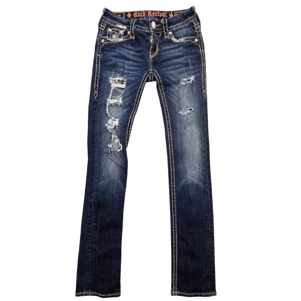 Rock Revival Karla J6 Straight Distressed Jeans Dark Wash Womens 24x30